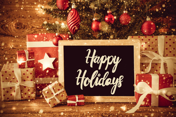 Bright Tree, Gifts, Calligraphy Happy Holidays, Snowflakes - Fotó, kép