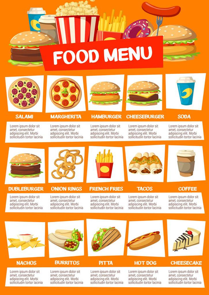 Fast food cafe menu with meals and drinks - Vector, Image