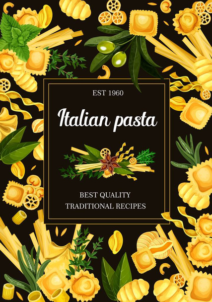 Pasta-Menü, italienische Speisen und Gewürze - Vektor, Bild
