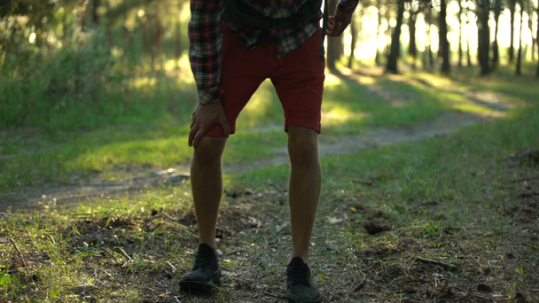 Одинокий кемпер відчуває біль у коліні під час ходьби в лісі, теноніт і розтягнення
 - Кадри, відео