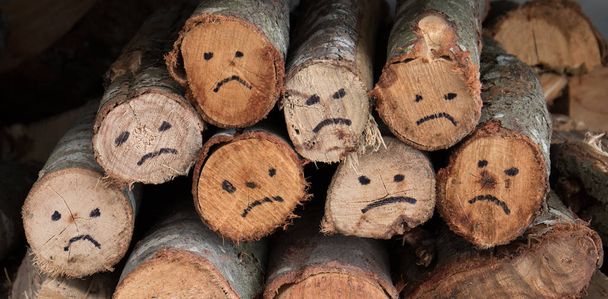 Gehäckselte Brennholzstämme mit traurigen Gesichtern Abholzungskonzept Bild im Querformat - Foto, Bild