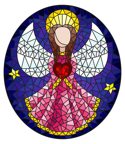 Εικονογράφηση στο λεκιασμένο γυαλί στυλ με μια αφηρημένη Άγγελος σε ροζ ρόμπα με καρδιά, στρογγυλή εικόνα - Διάνυσμα, εικόνα