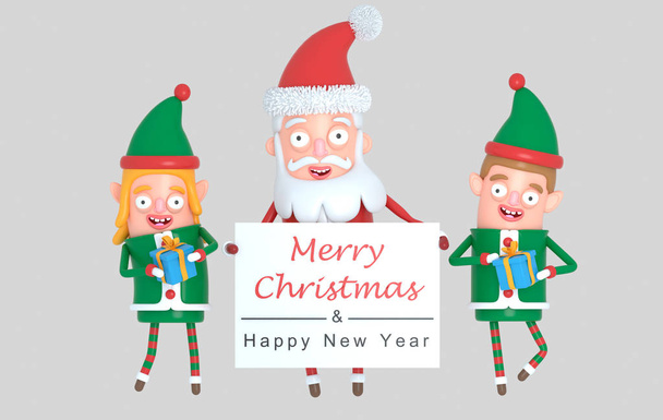Coppia elfo e Babbo Natale in possesso di un cartello di auguri. Illustrazione 3d
. - Foto, immagini