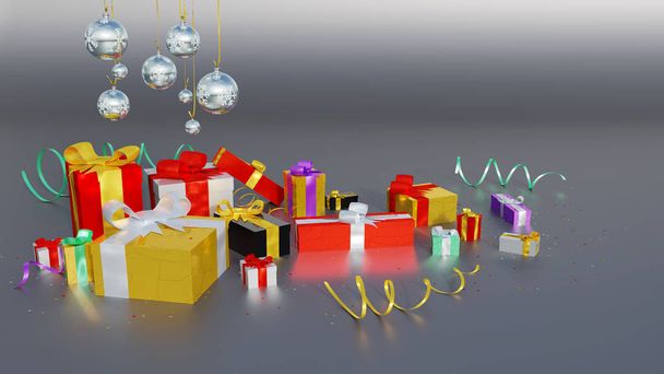 Several Multicolored gifts with shiny ribbons and many tiny stars with some Christmas Balls on a Grey and Dark background - 写真・画像
