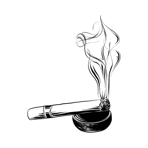 Vector engraved style illustration for posters, logo, emblem, decoration and print. Hand drawn sketch of burning cigar in black isolated on white background. Detailed vintage etching style drawing. - Вектор, зображення