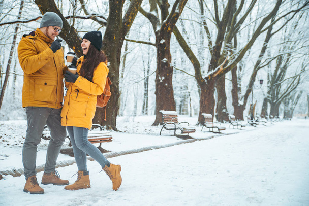 pareja caminando por el parque de la ciudad nevada hablando socializando. cita romántica en invierno. se acerca la Navidad
 - Foto, Imagen