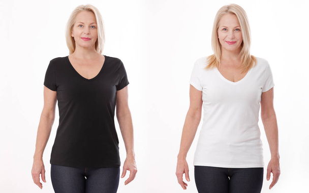 T-shirt design and people concept - close up of woman in blank black and white t-shirt, shirt front isolated. Mock up. - Φωτογραφία, εικόνα