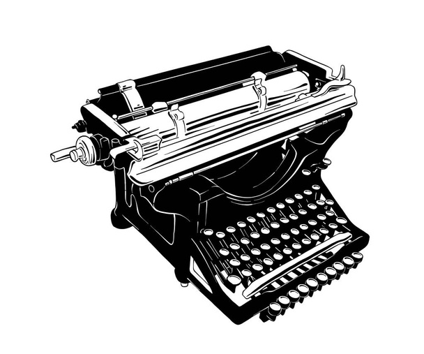 Vector engraved style illustration for posters, decoration and print. Hand drawn sketch of vintage typewriter in black isolated on white background. Detailed vintage etching style drawing. - Vector, Image