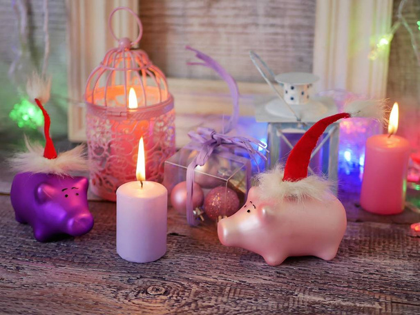  Decorative seasonal composition of toy New Year piglets in red Santa hats, festive illumination, lit candles, boxes with balls, lanterns on a wooden table, pink color, the year of the pig, Christmas - Photo, Image