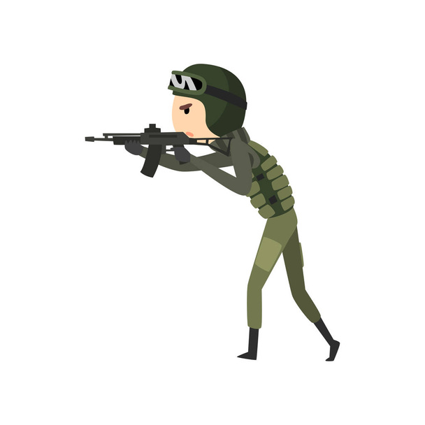 Militär schießt eine Waffe, Soldat Charakter in Kampfuniform Cartoon Vektor Illustration auf weißem Hintergrund - Vektor, Bild