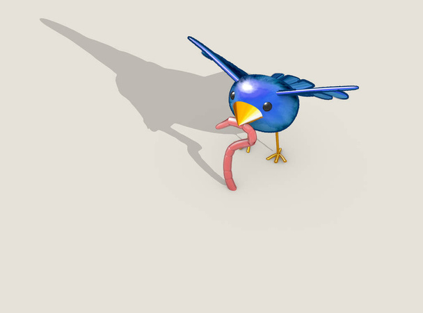 A literal concept depiction of the idiom of a cartoon blue bird catching a pink earth worm on an isolated background - 3D render - Photo, Image
