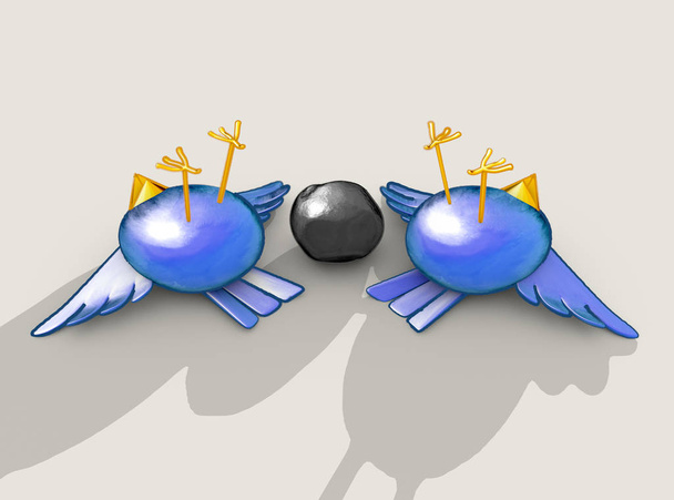 Два сині птахи мультфільму, мабуть мертві поруч із сірим каменем з буквальним зображенням прислів'я вбити двох птахів з одним каменем 3D рендерингом
 - Фото, зображення