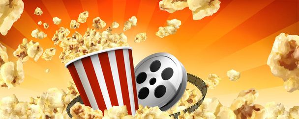 Caramel popcorn banner ads with flying corns and cinema items in 3d illustration - Vector, Image