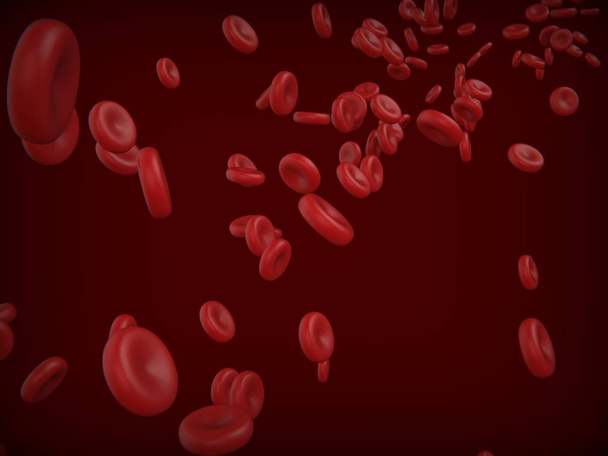 Red blood cells on dark red background. 3D render - Photo, Image