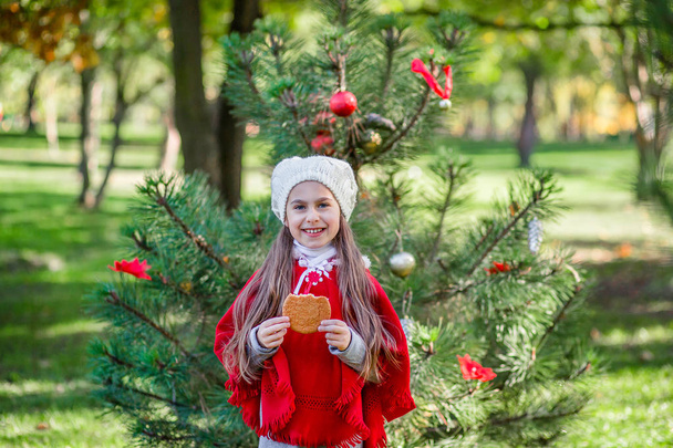 Pretty girl, in her hands with cookies in the open air in the courtyard before the holidays. Merry Christmas and happy holidays. - Фото, изображение