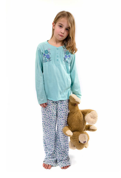 Sad girl in pajamas holding teddy - Zdjęcie, obraz