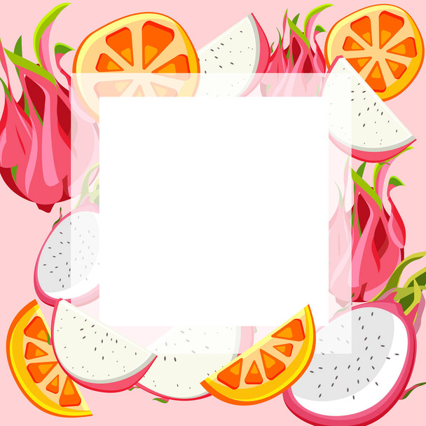 Pink background with pitaya and orange.  - Wektor, obraz