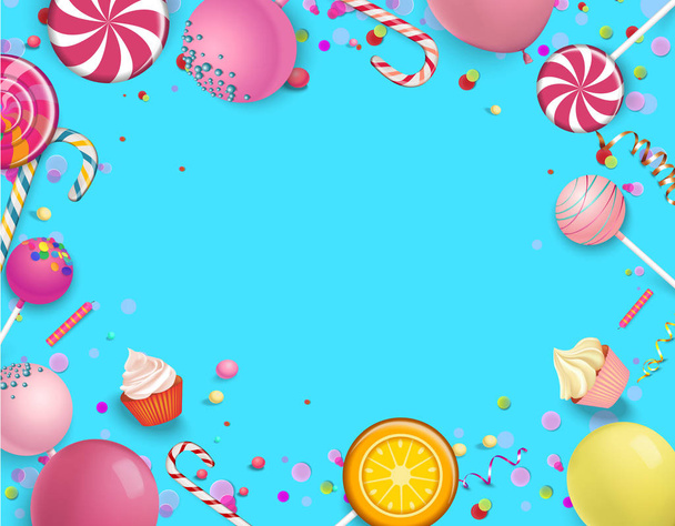 Blue festive background with colorful lollipops. - Vector, Image