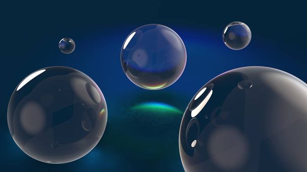 Transparent glass spheres on dark blue background with reflections and refractions. 3D render - Photo, Image