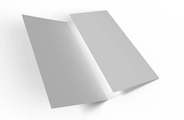 geöffnetes leeres Papier, dreifach Faltblatt-Attrappe auf weißem Hintergrund mit Schatten. fotorealistische 3D-Illustration - Foto, Bild