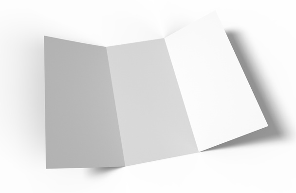 Aperto carta bianca trifold foglio mockup su sfondo bianco con ombre. Illustrazione 3D fotorealistica
 - Foto, immagini