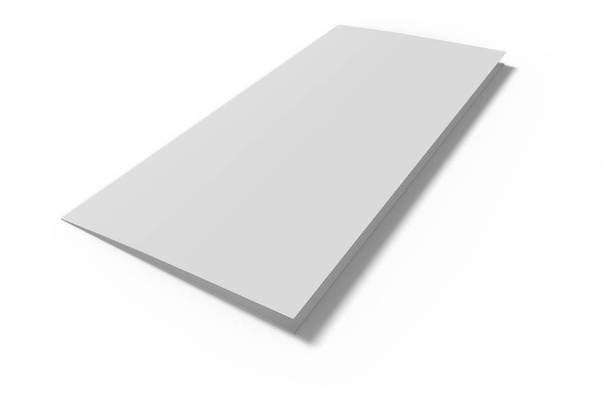 Tríptico de papel en blanco abierto maqueta sobre fondo blanco con sombras. Ilustración fotorrealista 3D
 - Foto, imagen