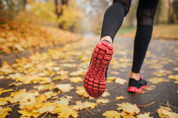 Picture of woman legs in park on road. She runs. Woman wears black with red crosses and black sport pants. Yellow leaves are on road. Everything is covered with them. - Фото, изображение