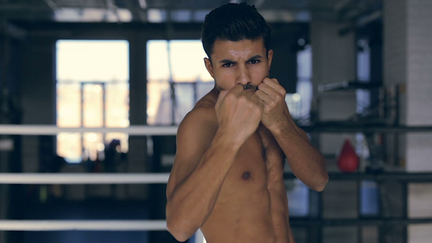 Hombre musculoso con torso desnudo mirando a la cámara, golpeando el aire y entrenando en boxeo
. - Imágenes, Vídeo