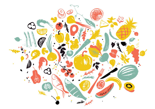 Nahrungsmittel: Meeresfrüchte, Gemüse und Obst. gesunde Lebensweise essen. Bauernmarkt. blau, rot und gelb - Foto, Bild