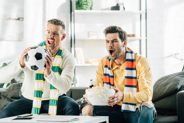 збуджений син і батько з шарфами дивиться футбол і кричить вдома
 - Фото, зображення