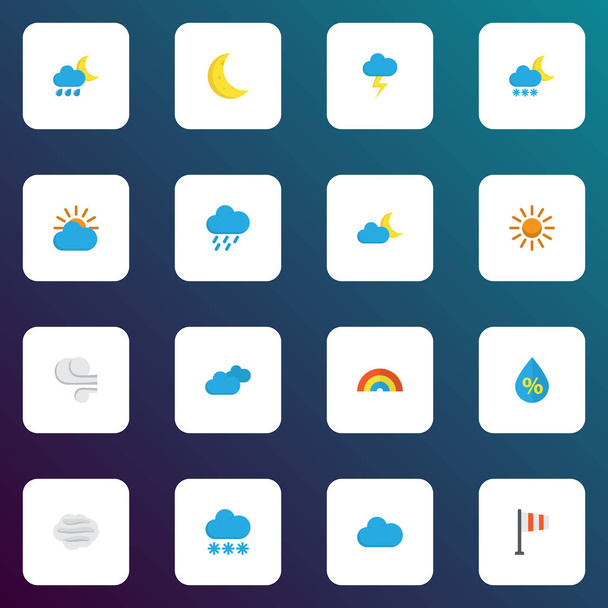 Climate icons flat style set with lightning, sun, crescent and other sunny elements. Isolated vector illustration climate icons. - Vector, Image