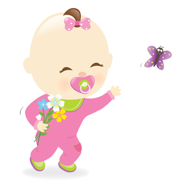 Bebé niña sosteniendo flores
 - Vector, imagen
