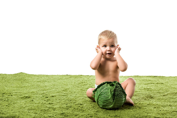 toddler boy with hands on head sitting on green carpet with cabbage isolated on white - Zdjęcie, obraz