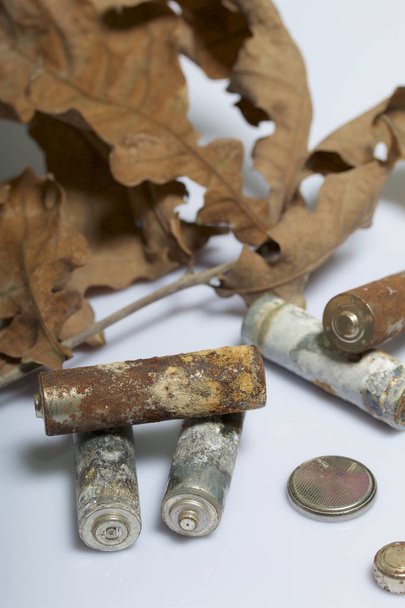 Spent batteries, coated with corrosion. Different shapes and sizes. They lie on a white background among the dead autumn leaves. Environmental protection, recycling. - Foto, afbeelding