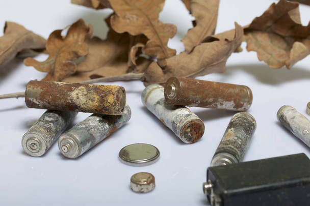 Spent batteries, coated with corrosion. Different shapes and sizes. They lie on a white background among the dead autumn leaves. Environmental protection, recycling. - Фото, изображение