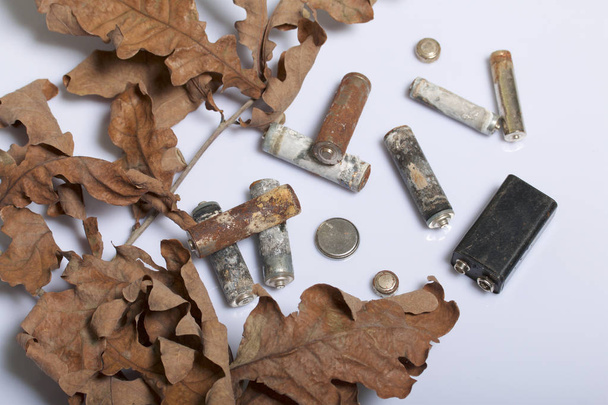 Spent batteries, coated with corrosion. Different shapes and sizes. They lie on a white background among the dead autumn leaves. Environmental protection, recycling. - Fotografie, Obrázek