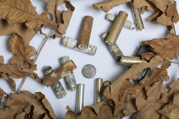 Spent batteries, coated with corrosion. Different shapes and sizes. They lie on a white background among the dead autumn leaves. Environmental protection, recycling. - Foto, Imagen