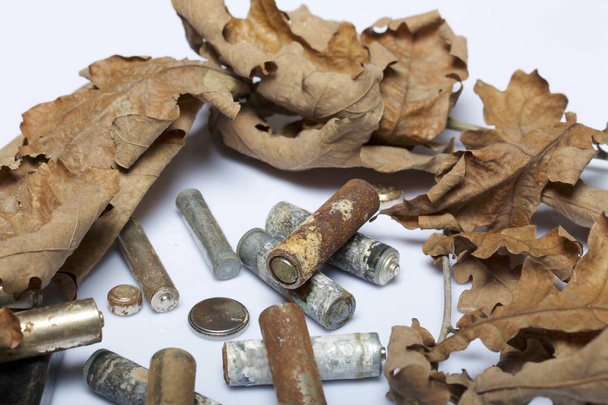 Spent batteries, coated with corrosion. Different shapes and sizes. They lie on a white background among the dead autumn leaves. Environmental protection, recycling. - Foto, Imagen