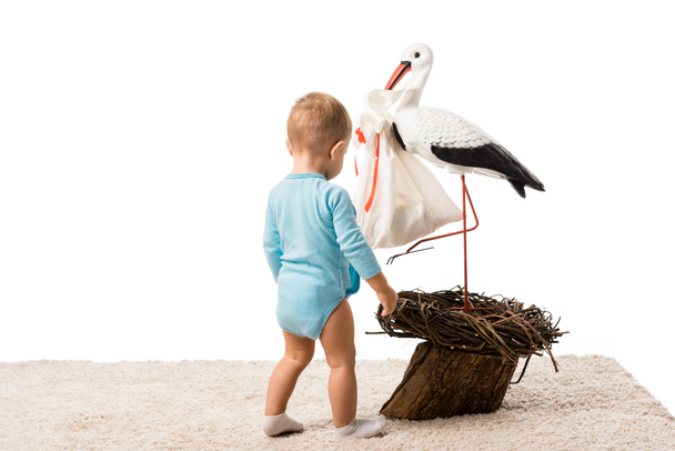 cute toddler boy in blue bodysuit standing on carpet and looking at big decorative stork isolated on white - Photo, Image