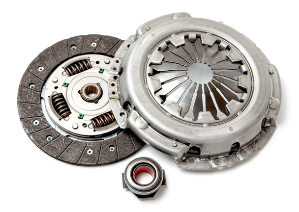 Set of replacement automotive clutch isolated on white background. Disc and clutch basket with release bearing. - Photo, Image