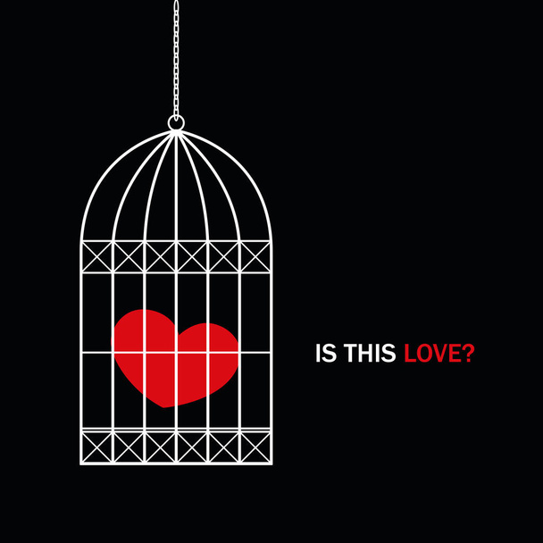 rood hart in een vogelkooi met tekst is deze liefde op zwarte achtergrond - Vector, afbeelding