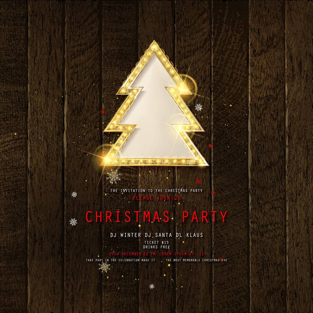 Einladung zur Weihnachtsfeier auf Holzgrund mit goldenem Weihnachtsbaum. Vektorillustration - Vektor, Bild