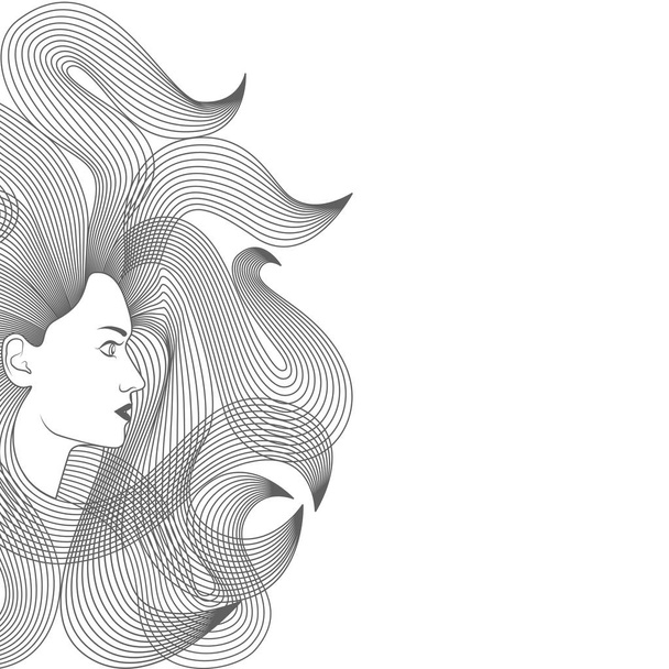 Kuva naiset pitkät hiukset tyyli kuvake. Eristetty symboli naisille, joilla on virtaavat hiukset valkoisella taustalla. Graafinen merkki. Logoa. Vektoriesimerkki
  - Vektori, kuva