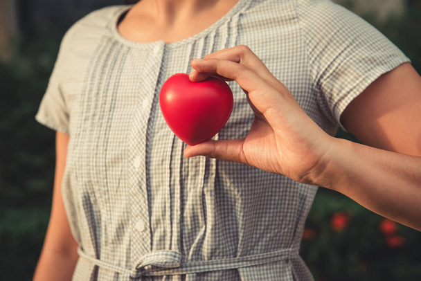 Nő a kezében piros szív, az egészségügyi ellátás és a Valentin-koncepció. - Fotó, kép