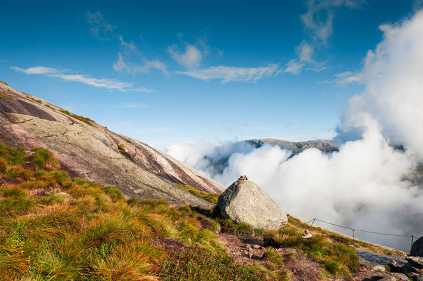 Kjerag mountain, popular trekking route in Norway. Summer landscape - Zdjęcie, obraz