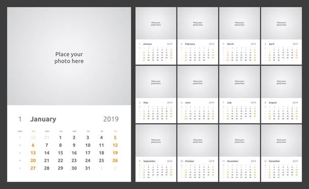 Calendar design for 2019. Set of 12 calendar pages vector design print template with place for photo. - Вектор, зображення
