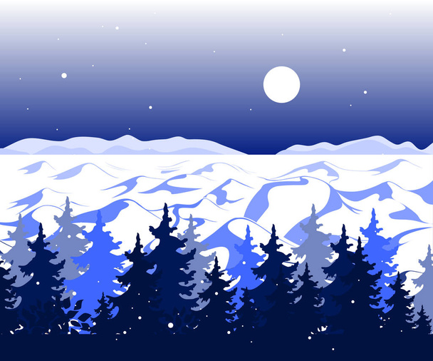 Winter panoramic landscape with trees on hills and beautiful mountains in distance. Vector - Vektör, Görsel