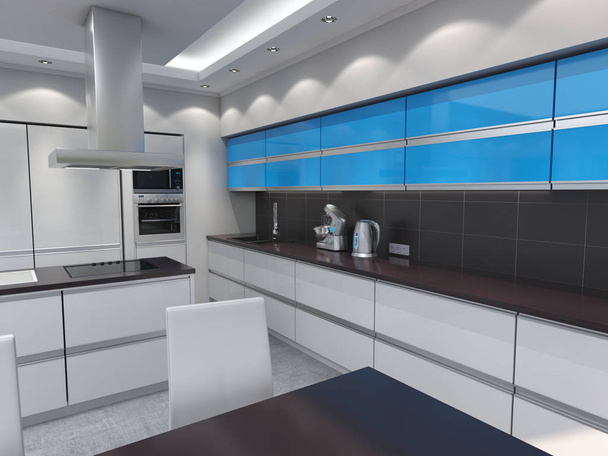 Representación 3D cocina moderna con paneles azules
 - Foto, imagen