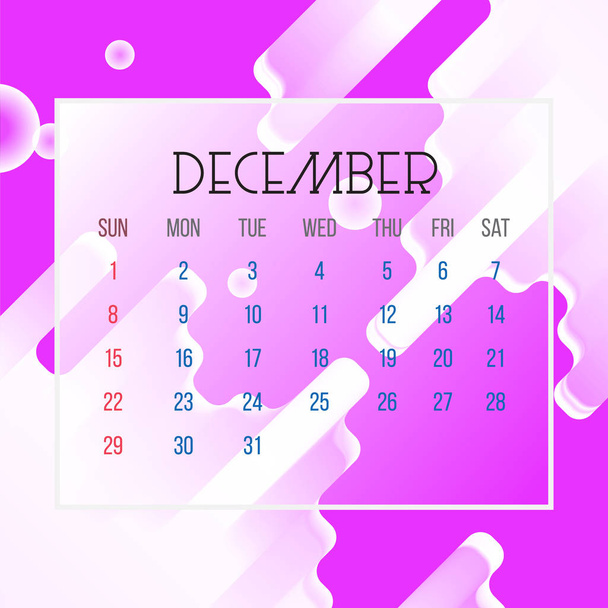 Diciembre 2019 Hoja de calendario - Ilustración. Página gráfica vectorial con fondo abstracto color púrpura
 - Vector, imagen
