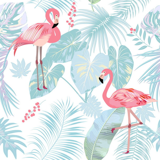 Flamingo, seamless modeli monstera bırakır. Tropikal yaprakları palmiye ağacı ve çiçek. Vektör arka plan. - Vektör, Görsel